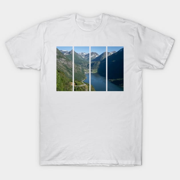 Wonderful landscapes in Norway. Vestland. Beautiful scenery of Geiranger Fjord from the Ornesvingen viewpoint. Cruise ship, winding roads, waterfall and stream T-Shirt by fabbroni-art